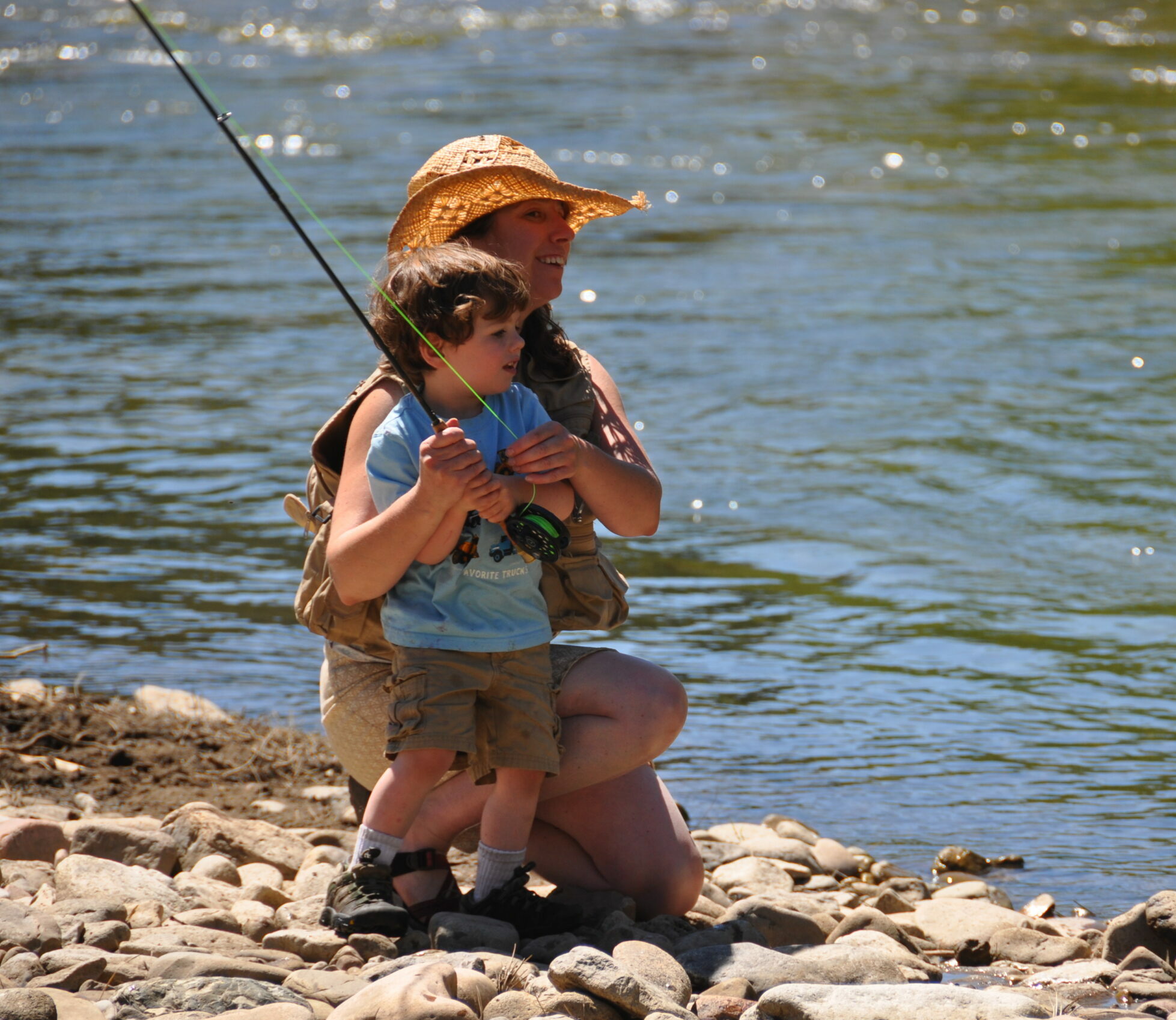 Alanah and her son enjoying our stream access laws, fishing on Belt Creek, Monarch, MT.